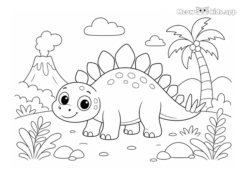 Un Stegosaurus amigable explora una jungla de dinosaurios con volcán, palmera, plantas, rocas, nubes y colinas suaves.