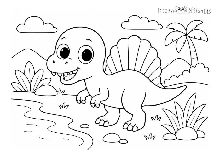 Un dinosaurio parecido a un Spinosaurus camina cerca de un río en un paisaje prehistórico de aventura con palmeras, montañas, plantas y piedras.