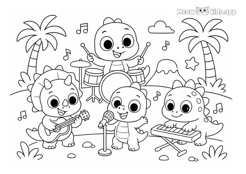 Bebés dinosaurio tiernos tocan batería, guitarra y teclado, y cantan en una isla tropical mientras flotan notas musicales a su alrededor.