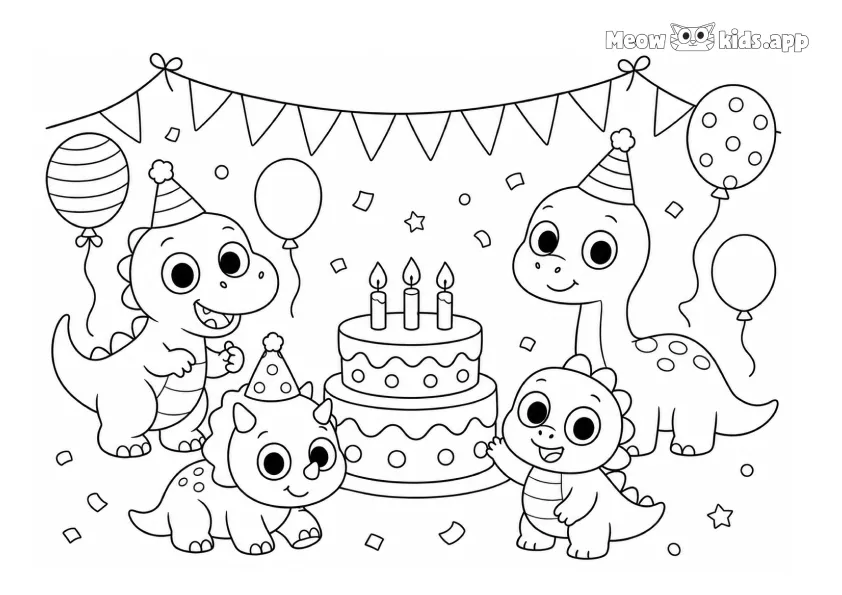 Pequeños dinosaurios celebran un cumpleaños con gorros de fiesta, un gran pastel, velas, globos, adornos y confeti.
