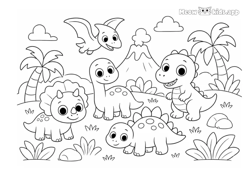 Dinosaurios amigables se reúnen en una jungla prehistórica mientras un dinosaurio volador pasa sobre palmeras, plantas, rocas y un volcán.