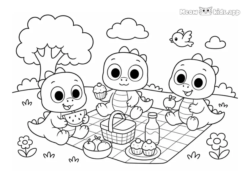Tres bebés dinosaurio disfrutan de un picnic bajo un árbol con fruta, pastelitos, bebidas y bocadillos sobre una manta.