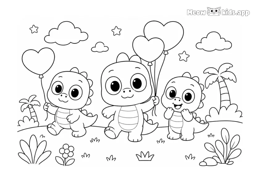 Tres pequeños dinosaurios caminan juntos con globos de corazón y círculo en una escena alegre con flores, nubes, estrellas y palmeras.