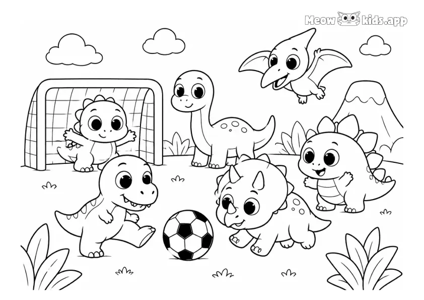 Un grupo de dinosaurios tiernos juega al fútbol cerca de una portería, con amigos animando, un dinosaurio volador y un volcán al fondo.