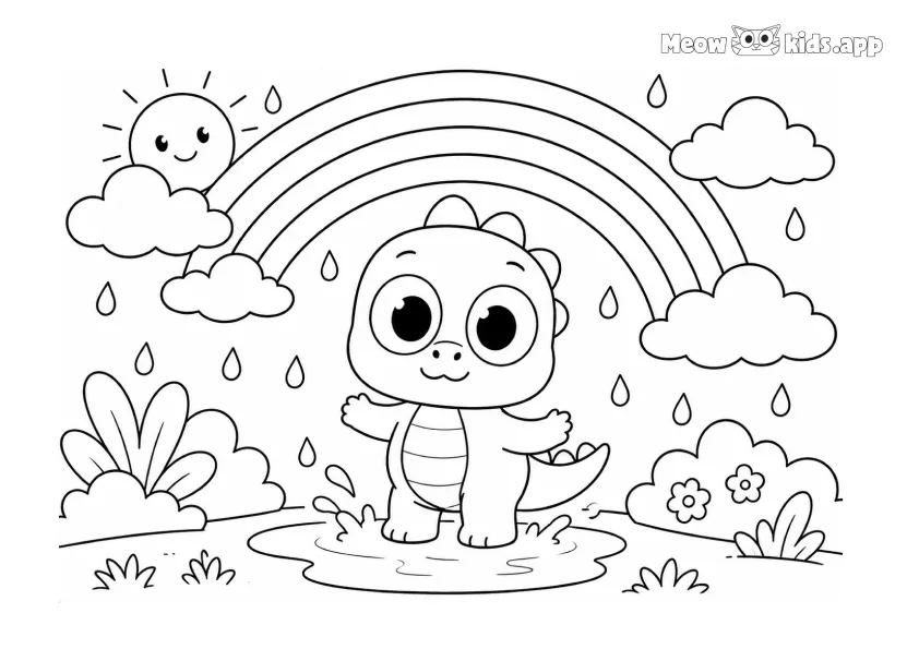 Los preescolares pueden pintar un dinosaurio feliz que salta en un charco después de la lluvia, con flores, nubes y un arcoíris.
