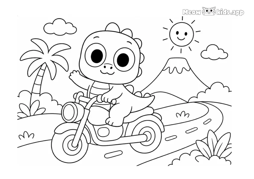 Un pequeño dinosaurio monta un scooter por un camino curvo en una escena exterior soleada con montañas y palmeras.
