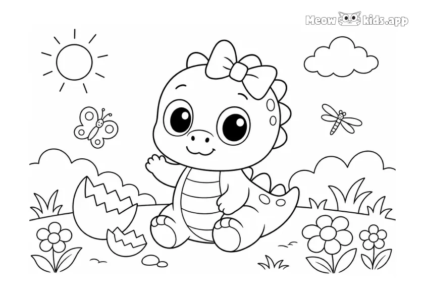 Un bebé dinosaurio tierno se sienta en un jardín soleado con flores, pasto, insectos, nubes y un huevo roto cerca.