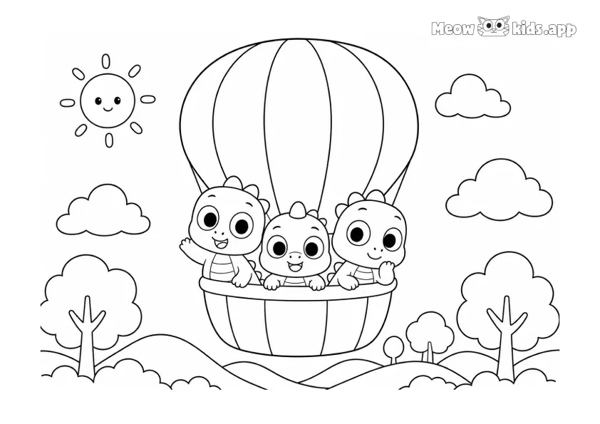 Bebés dinosaurio flotan por el cielo en un globo aerostático, rodeados de nubes, colinas, árboles y un sol brillante.