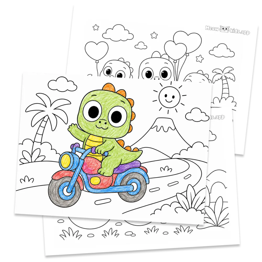 Página de dinosaurio para colorear con personaje panda de Meowkids