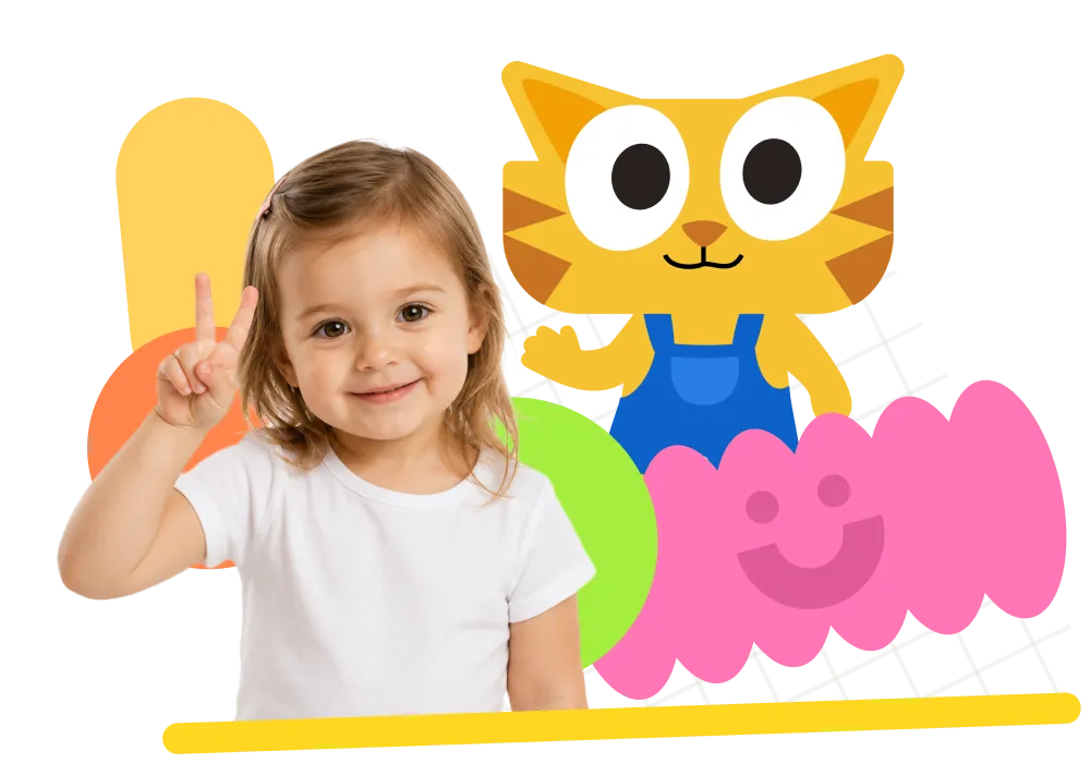 Niño pequeño aprendiendo con el personaje gato de Meowkids